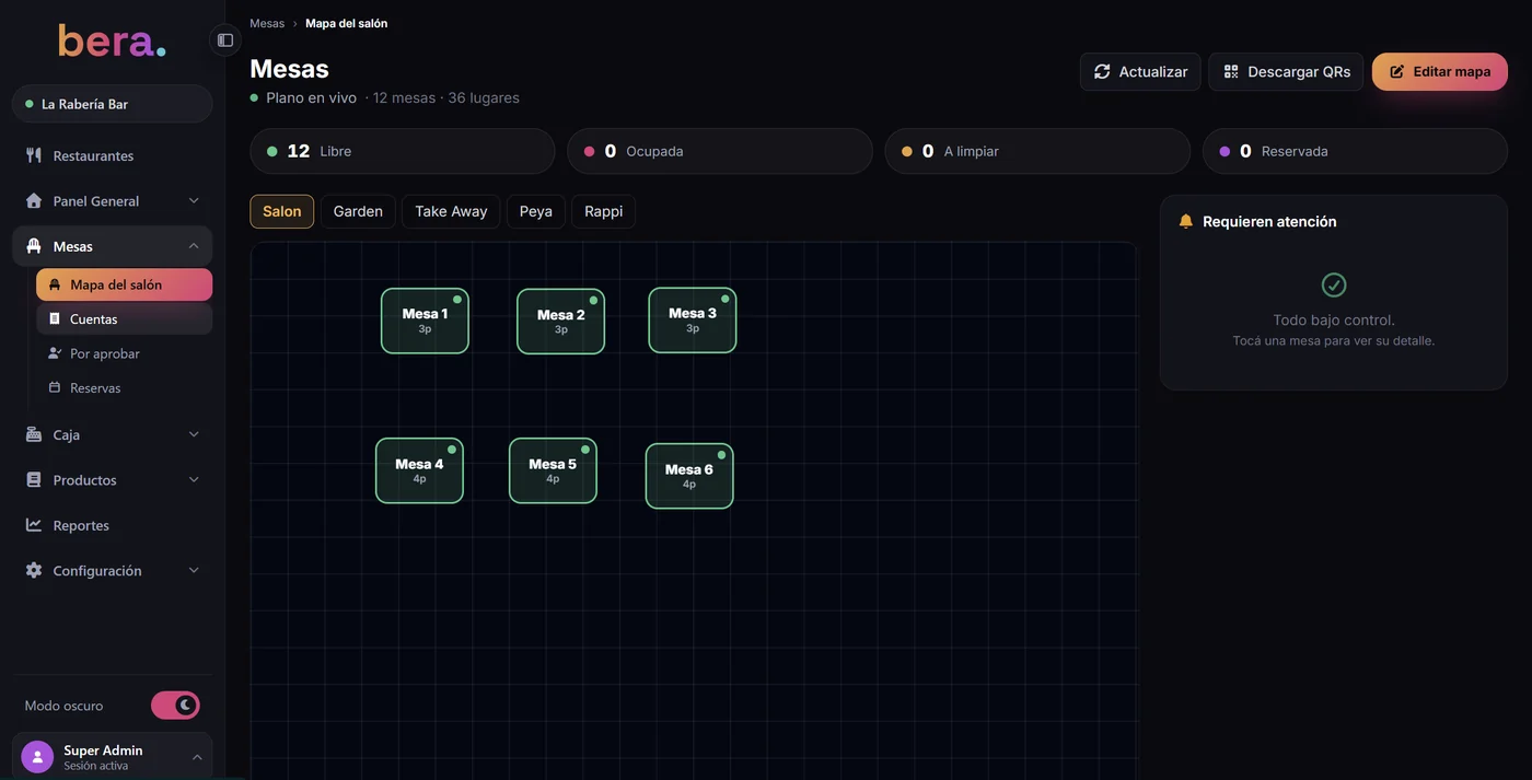 Backoffice de Bera: mapa del salón con el estado de cada mesa en vivo